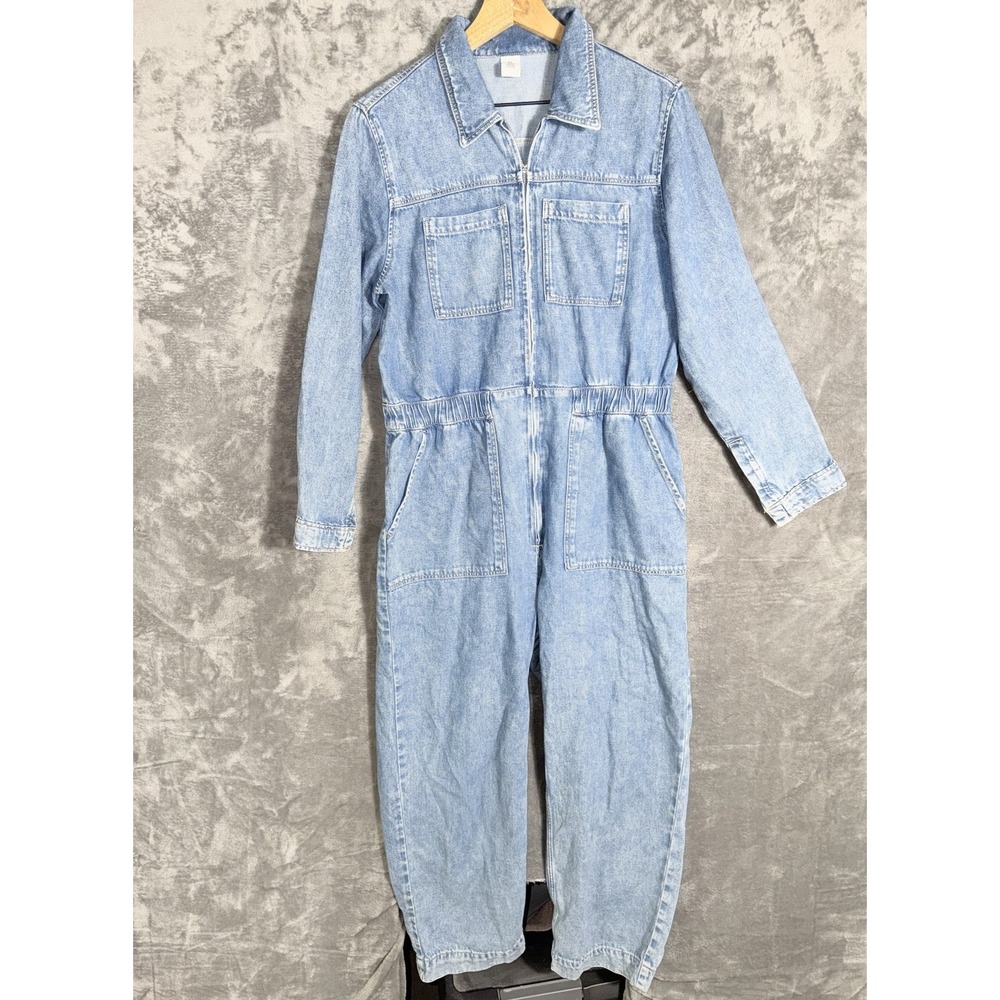 H&M Womens Jumpsuit US 10 Light Wash Blue Denim Full Zip Long Sleeve Elastic